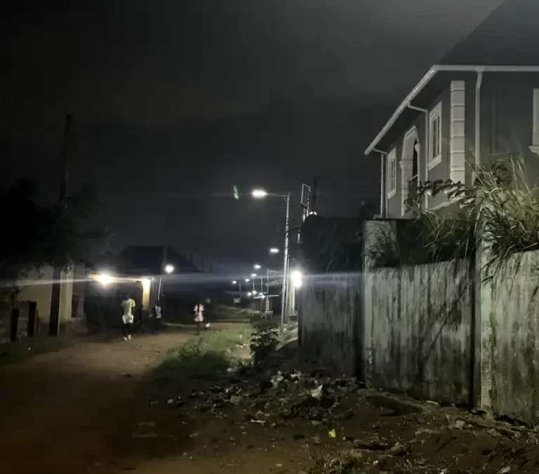 A section of Elenuwa community at night after the installation of the solar lights